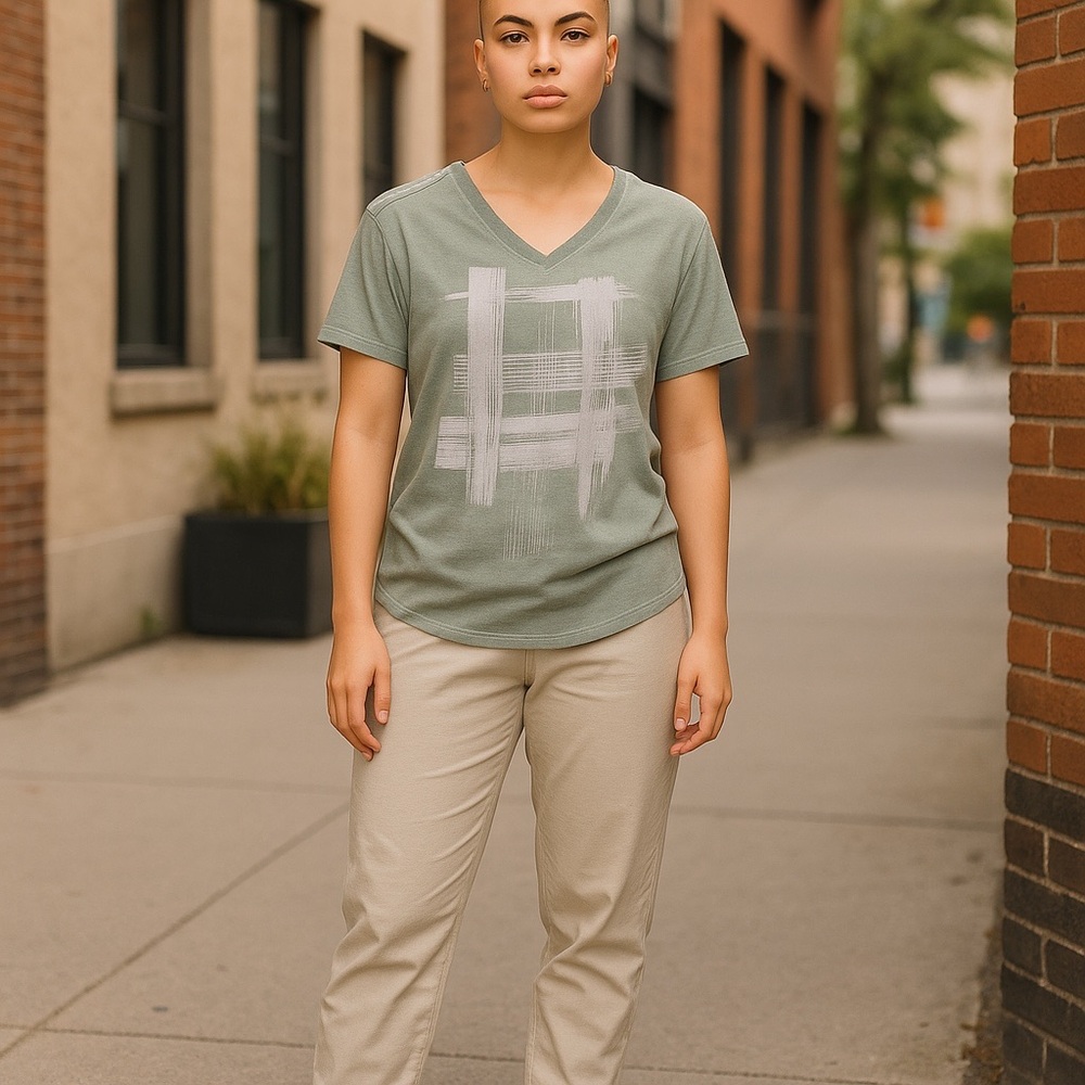 Green V-Neck T-Shirt with Abstract Design